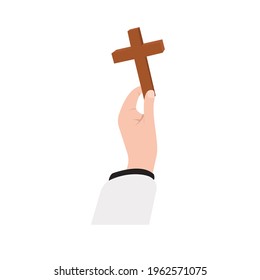 The cleric's hand holds a wooden cross