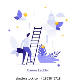 Clerk with briefcase climbing stairs against downtown buildings in background and falling coins. Concept of career ladder, professional development, success at work. Modern flat vector illustration.