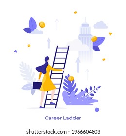 Clerk with briefcase climbing stairs against downtown buildings in background and falling coins. Concept of career ladder, professional development, success at work. Modern flat vector illustration.