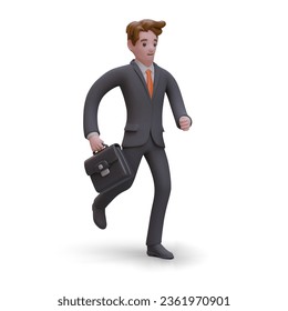 Clerk with briefcase rushes to work. 3D businessman running. Worker is late. Vector concept. Isolated illustration on white background with shadow. Image in cartoon style