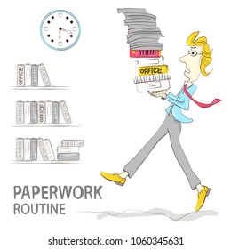 The clerk carries a bunch of office papers and documents. Documents and file folders on the shelf. Routine, bureaucracy, paperwork, office. Vector illustration in flat style