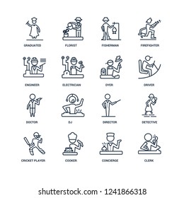 Clerk, Concierge, Cooker, Cricket Player, Detective, Graduated, Engineer, Doctor, Dyer Outline Vector Icons From 16 Set