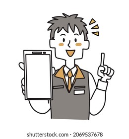 A clerk at a consumer electronics retail store showing and explaining a smartphone
