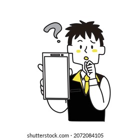 A clerk at a consumer electronics retail store who shows a smartphone and raises a problem