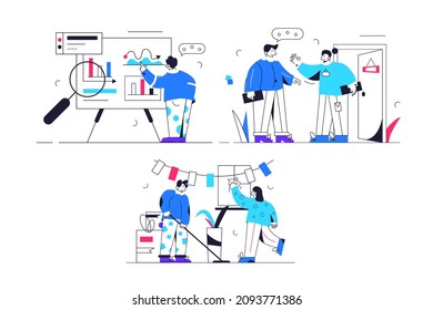 Clerk examine chart, people meeting, cleaning service set vector illustration. People work, talk, clean linear style. Occupation concept