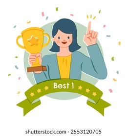 Clerk or female manager best workers winning trophy. Vector illustration.