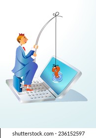 a clerk fishing inside a computer using as bait a question mark