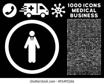 Clerk icon with 1000 medical commercial white vector design elements. Clipart style is flat symbols, black background.