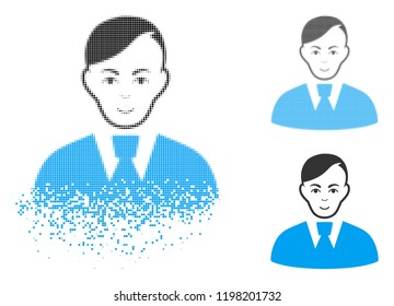 Clerk icon with face in disappearing, dotted halftone and undamaged entire versions. Pixels are composed into vector disappearing clerk symbol. Disappearing effect involves small dots.