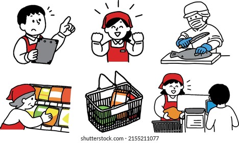 Clerk illustration set working at a supermarket