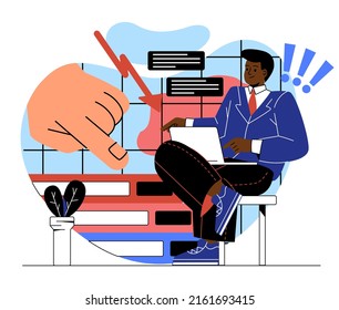 Clerk or manager works in office. Male entrepreneur works on laptop and performs projects. Boss hand points to stack of documents. Achieving success. Cartoon flat vector illustration in doodle style