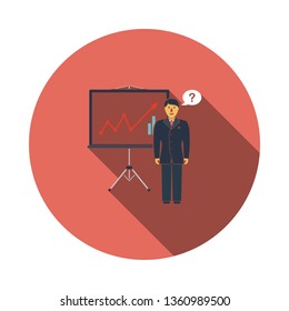 Clerk near analytics stand icon. Flat color design. Vector illustration.