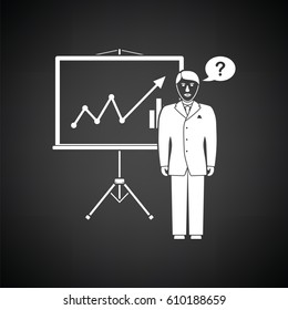 Clerk near analytics stand icon. Black background with white. Vector illustration.