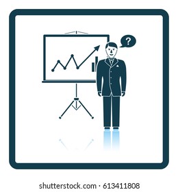 Clerk near analytics stand icon. Shadow reflection design. Vector illustration.