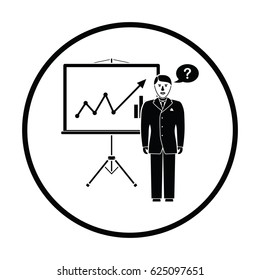 Clerk near analytics stand icon. Thin circle design. Vector illustration.