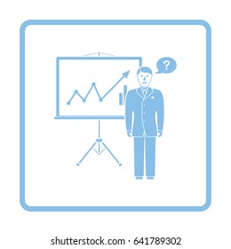 Clerk near analytics stand icon. Blue frame design. Vector illustration.