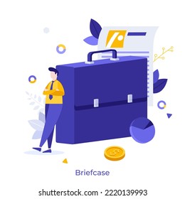 Clerk, office worker, entrepreneur leaning on briefcase, document, diagram and dollar coin. Concept of business case portfolio, investment deal or contract. Modern flat vector illustration for banner.