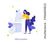 Clerk putting document into dustbin. Concept of waste management and recycling at office, garbage disposal at work, trash bin for paper. Modern flat colorful vector illustration for banner, poster.