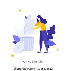 Clerk putting document into dustbin. Concept of waste management and recycling at office, garbage disposal at work, trash bin for paper. Modern flat colorful vector illustration for banner, poster.