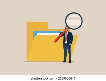 Clerk search files data with magnifying glass in folder. Tidying up and organizing file and document in database.