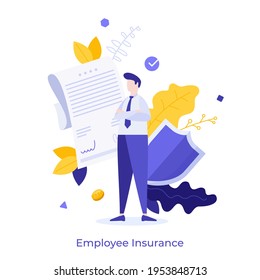 Clerk, Signed Document And Shield. Concept Of Employee Insurance, Protection Of Worker's Health, Work Injury Compensation, Benefits Provided By Company. Modern Flat Vector Illustration For Poster.