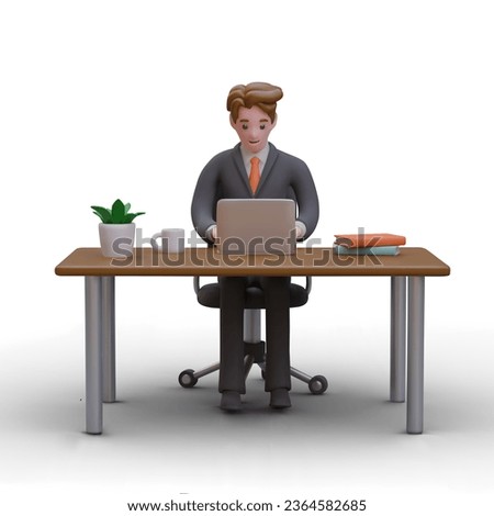 Clerk is sitting at desk, working on laptop. Office worker at workplace. Male realistic character in business suit works online. Color vector illustration. Organization of work process