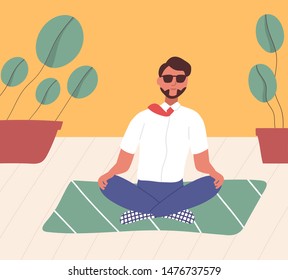 Clerk sitting with his legs crossed on floor and meditating. Manager in yoga position doing meditation, spiritual practice or discipline. Relaxation at office. Flat cartoon vector illustration.