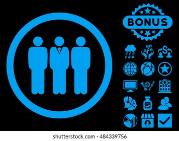 Clerk Staff icon with bonus elements. Vector illustration style is flat iconic symbols, blue color, black background.