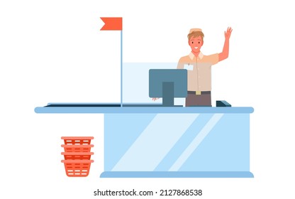 Clerk Of Supermarket Department Or Grocery Store Waiting For Customers People Vector Illustration. Cartoon Cashier Standing At Checkout With Cash Register, Man In Uniform Waving Isolated On White