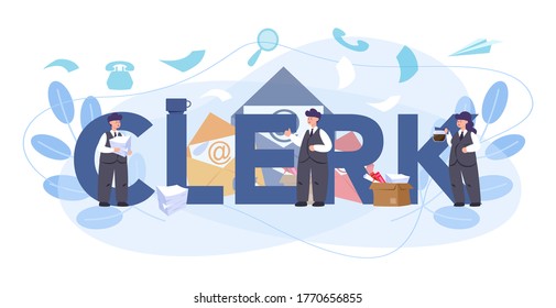 Clerk typographic header concept. Receptionist answering calls and assisting with document. Professional office worker at the desk on computer. Isolated flat vector illustration
