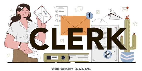 Clerk typographic header. Coworking space maintenance and supplying. Business character sorting mail and assisting with document in the archive. Flat vector illustration