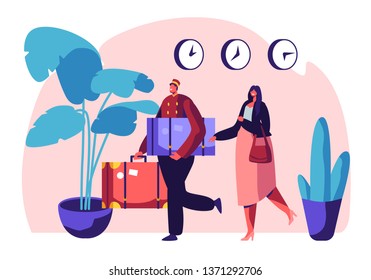 Clerk in Uniform Meeting Woman in Hotel Lobby Helping to Carry Baggage. Hospitality Service, Tourist at Reception Arrive and Booking Room. Visitor, Guest Accommodation Cartoon Flat Vector Illustration