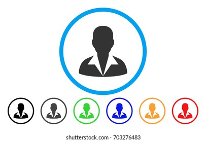 Clerk vector rounded icon. Image style is a flat gray icon symbol inside a blue circle. Additional color variants are gray, black, blue, green, red, orange.