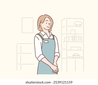 The clerk is waiting for the customer in the store. Hand drawn style vector design illustrations.