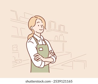 The clerk is waiting for the customer in the store. Hand drawn style vector design illustrations.