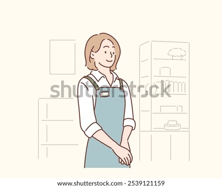 The clerk is waiting for the customer in the store. Hand drawn style vector design illustrations.