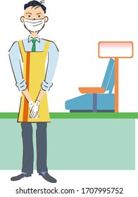 A clerk wearing a mask to guide you at the cash register illustration
