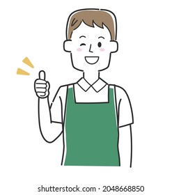 A clerk wearing a thumbs-up apron