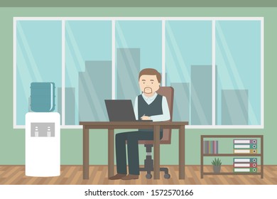 Clerk working on laptop in office. Vector illustration.