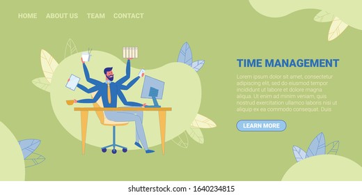 Clerk at Workplace Doing Various Tasks with Six Hands Flat Cartoon Vector Illustration. Time Management Banner. Office Worker Holding Mobile Phone, Folders, Documents and Cup, Typing on Computer.