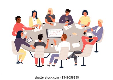 Clerks or colleagues sitting at round table and discussing ideas or brainstorming. Business meeting, formal negotiation, conference, group discussion. Vector illustration in flat cartoon style.