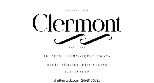 Clermont Hermosa Fuente Alfabeto Serif Moderno Elegante Caracterizado Vector ABC. Para la invitación de boda de moda logotipo de marca tipo de letra
