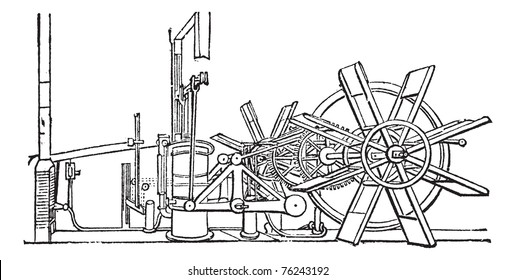 Clermont Steam Ship paddle wheel unit, vintage engraving. Old engraved illustration of the paddle wheel unit of the Clermont Steam Ship.