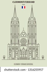 Clermont-Ferrand Cathedral, France. Landmark icon in linear style