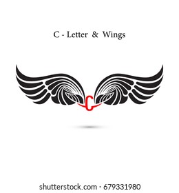 C-letter sign and angel wings.Monogram wing logo mockup.Classic emblem.Elegant dynamic alphabet letters with wings.Creative design element.Corporate branding identity.Vector illustration.