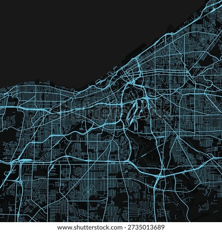 Cleveland City Map discover the precise beauty of urban form in this monochrome where a cyan tint introduces a refined precision to the structured grid lines, emphasizing refined linework.