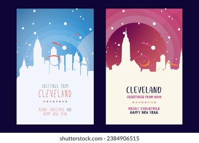 Cleveland city poster with Christmas skyline, cityscape, landmarks. Winter USA holiday, New Year vertical vector layout for Ohio state brochure, website, flyer, leaflet, card