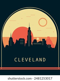 Afiche de estilo retro de la ciudad de Cleveland con horizonte, paisaje urbano. ILUSTRACIÓN VECTORIAL vintage del estado de Ohio. Cubierta frontal de EE. UU., folleto, folleto, Plantilla de folleto, Imagen de diseño