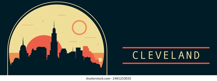 Cleveland ciudad estilo retro Anuncio de Vector con horizonte, paisaje urbano. Ilustración Horizontal vintage del estado de Ohio. Diseño de viajes de los Estados Unidos de América para presentación de Web, encabezado, pie de página