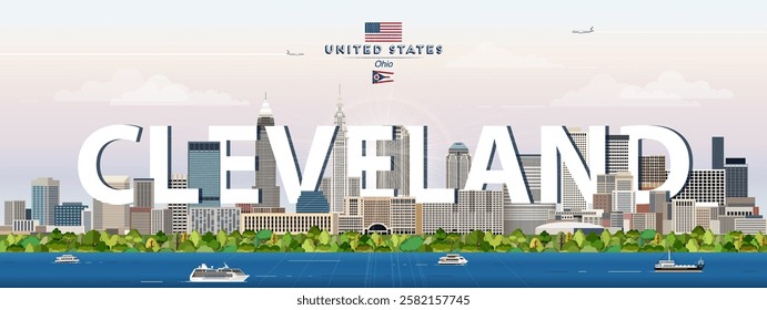 Cleveland city skyline colorful vector illustration. Travel poster